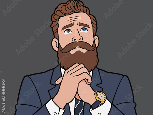 Man in suit with beard looks upward while hands are clasped, expressing deep thought in a simple background setting