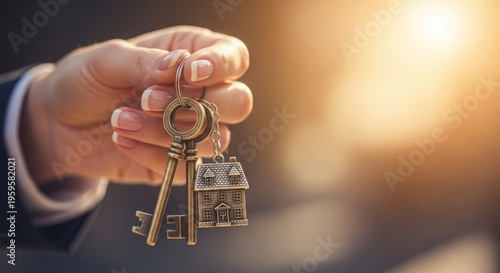 Hand holding house keys with miniature house charm concept for real estate