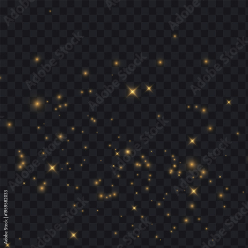Golden sparkling particles and glowing stars with glitter light effect on transparent background, featuring radiant highlights and festive shine for Christmas and holiday design overlays
