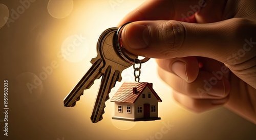 Hand holding keys with a miniature house real estate and property concept
