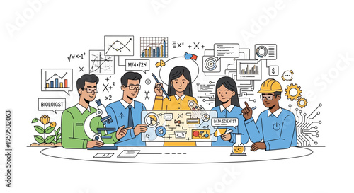 Diverse team of professionals collaborating on data analysis and science projects