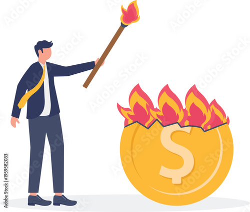 Businessman burning a gold Dollar coin with a torch