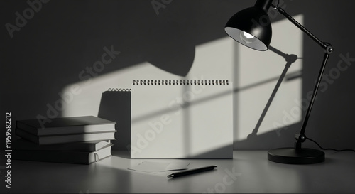 Wallpaper Mural blank notepad next to books and desk lamp under sun light. template for inscription. minimal wokrspace decor mock up Torontodigital.ca