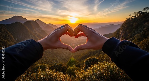 Hands forming heart shape at sunrise over mountain landscape