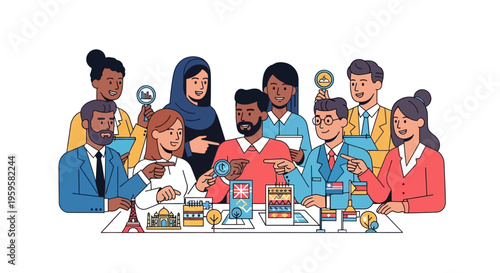 Diverse group of people from different cultures discussing global business strategy