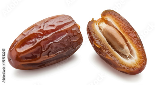 Delicious Ripe Dates Fruit, One Whole and One Halved Revealing the Seed
