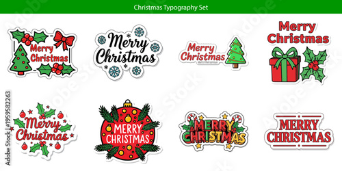 Christmas typography set with merry christmas text and trees