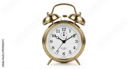 Elegant golden vintage alarm clock with classic bells and an analog dial, isolated on a clean white background, symbolizing punctuality and time management for a structured daily routine