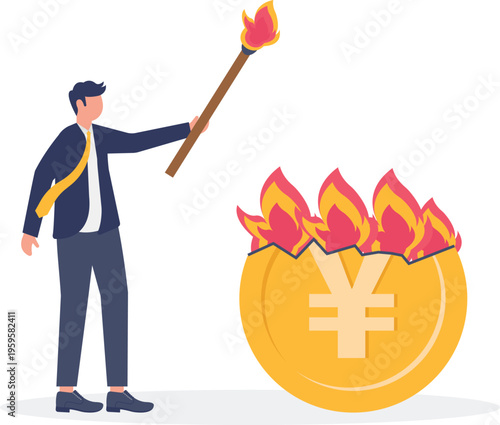 Businessman burning a gold Yen coin with a torch