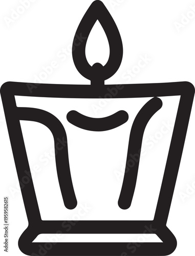 A minimalist black and white line art depicting a lit candle inside a glass container, evoking feelings of serenity and illumination.
