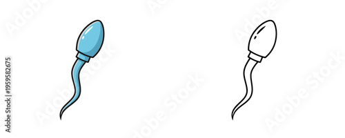Detailed diagram showing an anatomical sperm cell in blue colors next to a black and white outline for education on white background