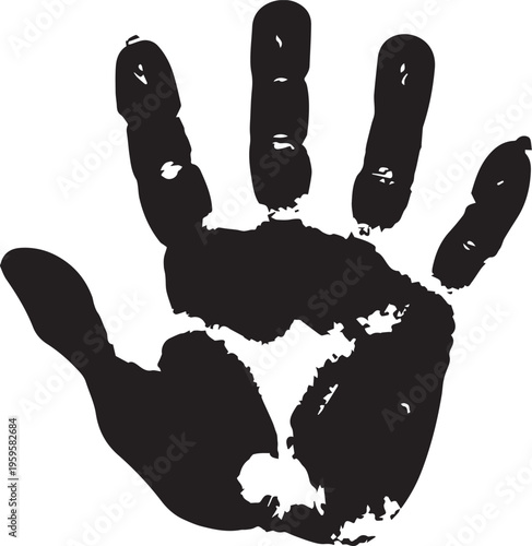 A bold black handprint, representing human touch. conveying messages of human connection, identity, and shared experience.
