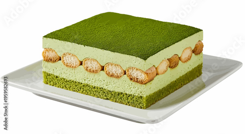 Exquisite green tea flavored layered mousse cake, a delightful dessert with soft sponge biscuits, perfectly presented on a white plate