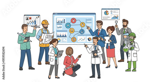 Diverse professionals analyzing data on large computer screen
