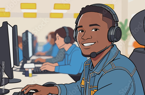 Young man works at computer desk with headset in busy office during day