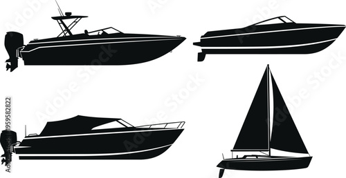 Motorboat silhouettes, speedboat vector, sailboat illustration, fishing boat design, watercraft artwork, marine transport graphic, nautical vessel collection, outdoor recreation