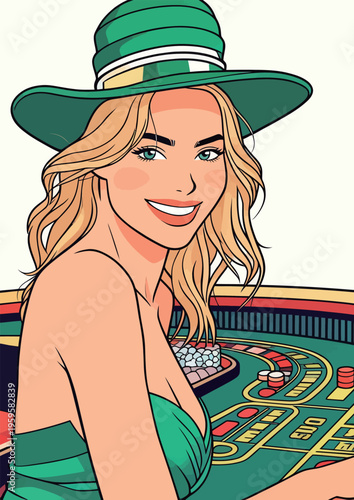 Woman at a casino table smiles while wearing a green hat during a gaming night in a lively environment