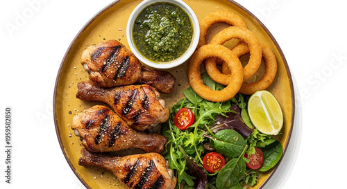 Delicious grilled chicken drumsticks with crispy onion rings, a fresh garden salad, and vibrant green sauce, served on a yellow plate against a pristine white background