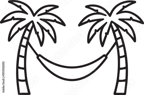 A tranquil tropical getaway, a hammock gently swings between two lush palm trees, offering a perfect scene for leisure and relaxation. 