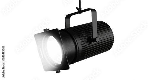 Professional stage spotlight emitting bright white light isolated on white background