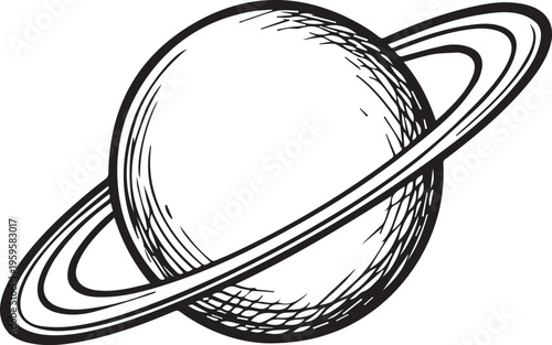 Saturn's elegance is captured in a minimalist style, its iconic rings surrounding the celestial body in a detailed black and white illustration.