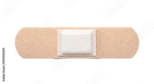 Close-up of a standard skin-colored adhesive bandage, commonly known as a medical plaster, used for minor cuts and scrapes, isolated on a clean white background
