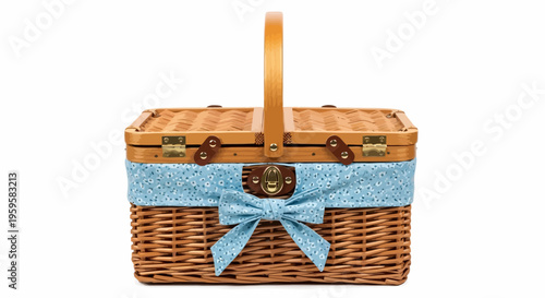 Wicker picnic basket adorned with a blue gingham bow and fabric trim, perfect for outdoor adventures