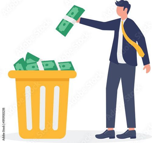 Businessman throwing green money bills into a trash can