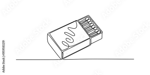 Minimalist continuous line drawing of a half open matchbox with wooden matchsticks inside