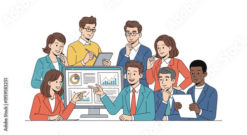 Diverse group of business professionals analyzing data on computer screen