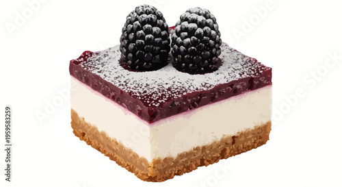 Exquisite individual berry cheesecake bar, featuring a luscious creamy layer, vibrant fruit topping, and fresh blackberries, dusted with sugar for a gourmet treat