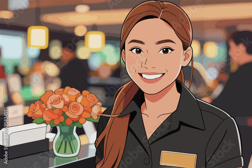 Waitstaff interacts with customers at a busy cafe during afternoon hours