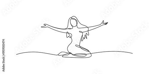 Continuous line drawing of a woman sitting on the ground with her arms wide open in freedom.