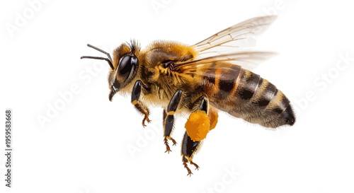 Close-up of a Busy Honey Bee in Flight, Actively Collecting Pollen on its Legs, Isolated on a Pure White Background for Nature-Themed Designs