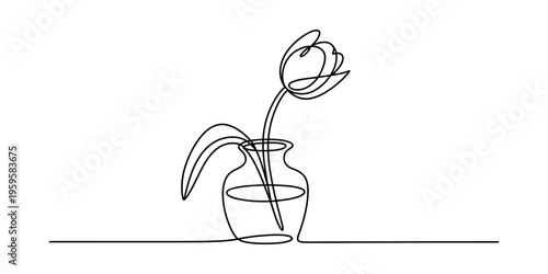 Minimalist continuous line drawing of a tulip flower in a glass vase on a white background
