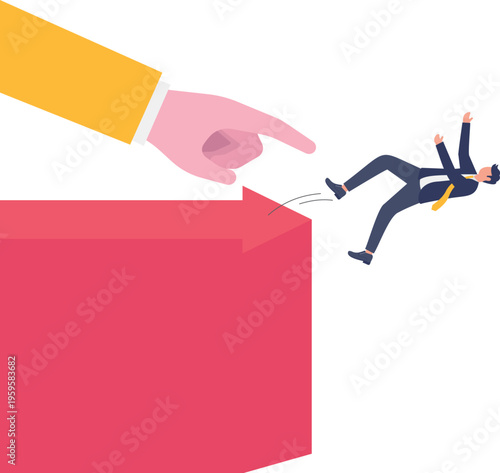 Giant hand pushing a professional off a red arrow cliff