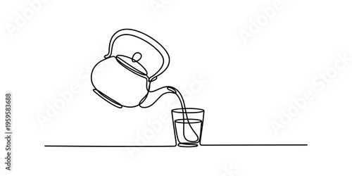One line drawing of a teapot pouring water or tea into a glass cup on white background