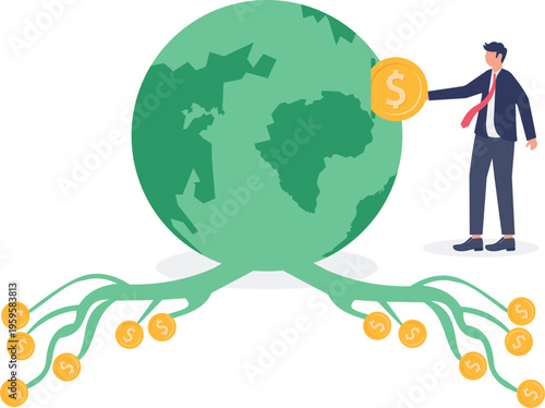 Professional putting a gold dollar coin into the earth globe