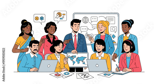 Diverse group of people collaborating on a project with laptops and a world map