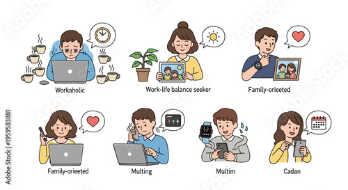 Cartoon people with various lifestyles and technology use