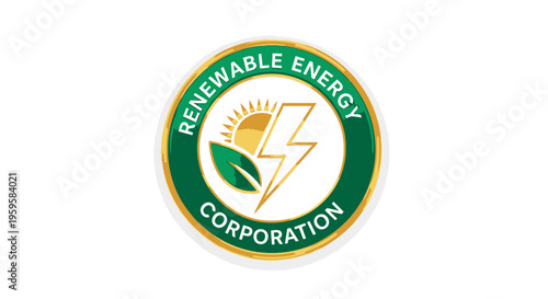 Sustainable Energy Solutions Emblem with Sun, Leaf and Lightning Bolt