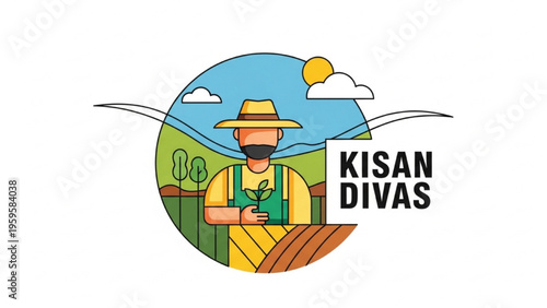 A man in overalls and hat holds seedling on farm field with green landscape and sun