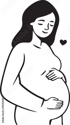 A serene illustration of a pregnant woman, radiates love and joy, her gentle touch and the heart-shaped symbol nearby embody the beauty of motherhood.