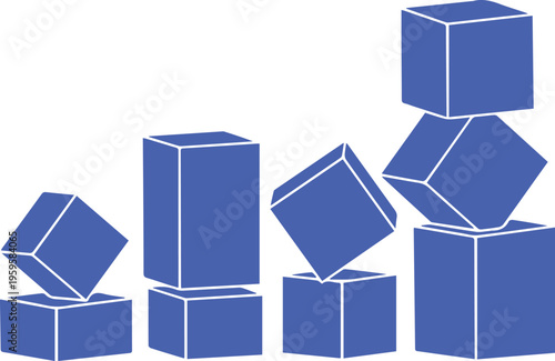 Blue isometric cubes stacked in columns, 3D geometric block composition, abstract blue square boxes for business growth and data visualization