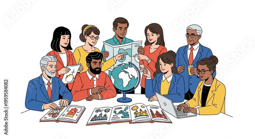 Diverse group of people studying together with globe and books