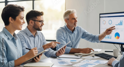Business team analyzing data on computer screen in office