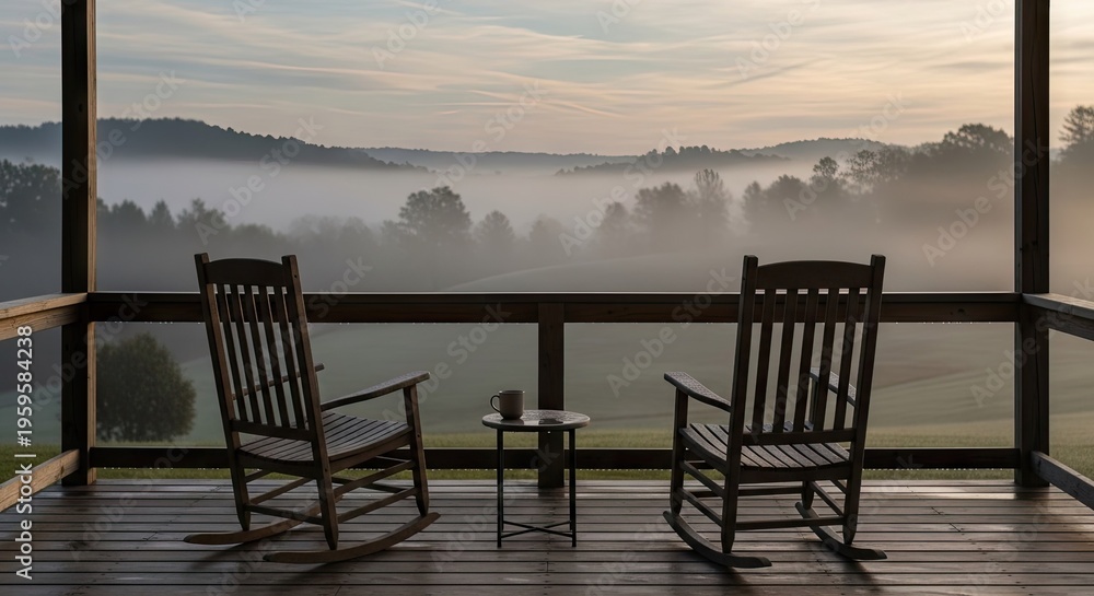 Naklejka premium Two rocking chairs on a wooden porch overlooking misty mountains