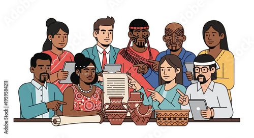 Diverse group of people from different cultures discussing and working together