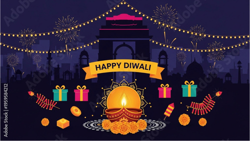 Festive Diwali celebration with gifts and sweets near historic monument at night