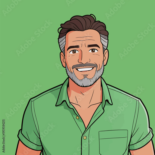 Man with gray beard smiles against a green background in a casual shirt while enjoying a light moment